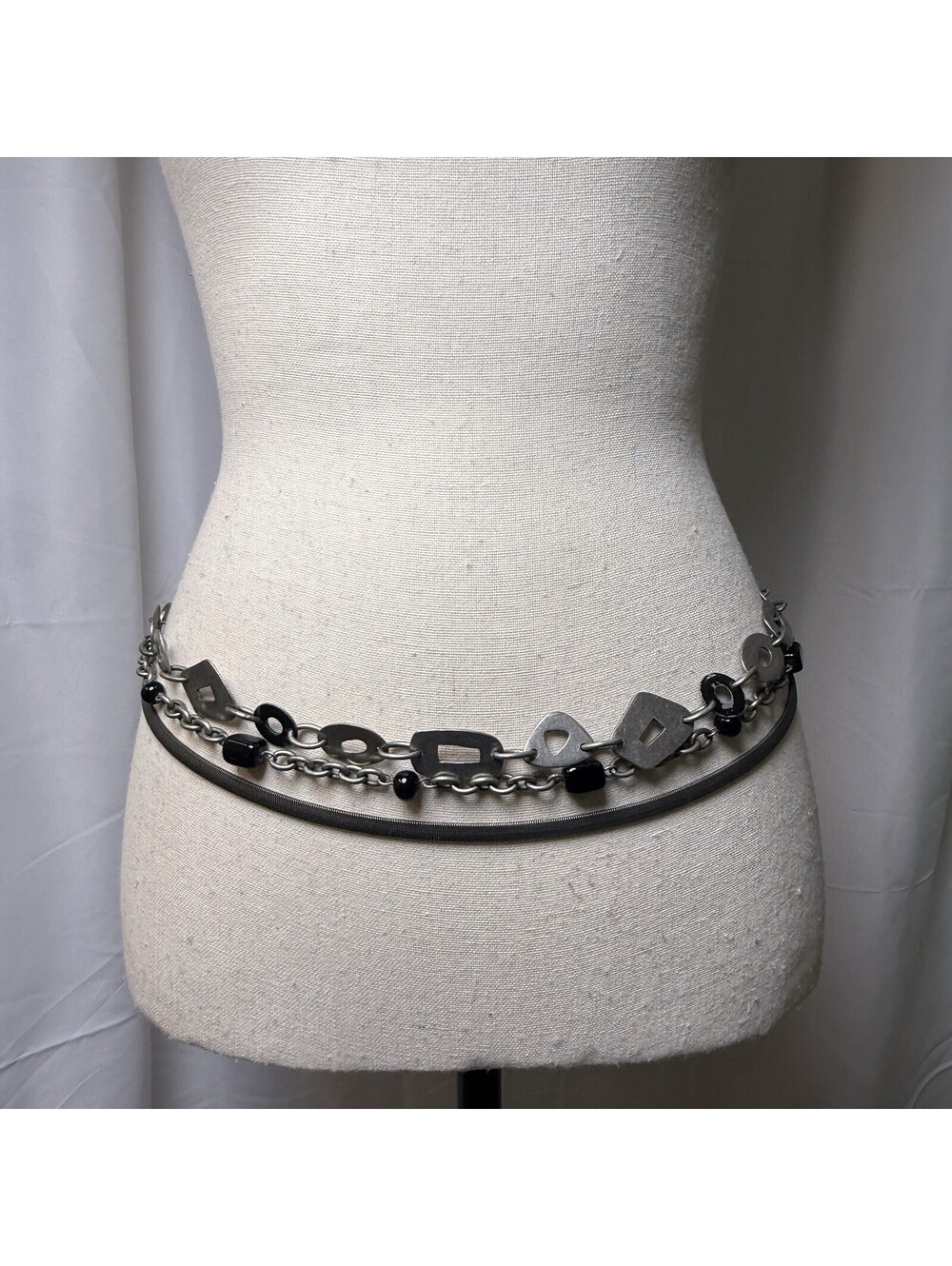 Chain Belt Metal OS Multi Geometric Shape Western Boho Y2K Black Silver Layered